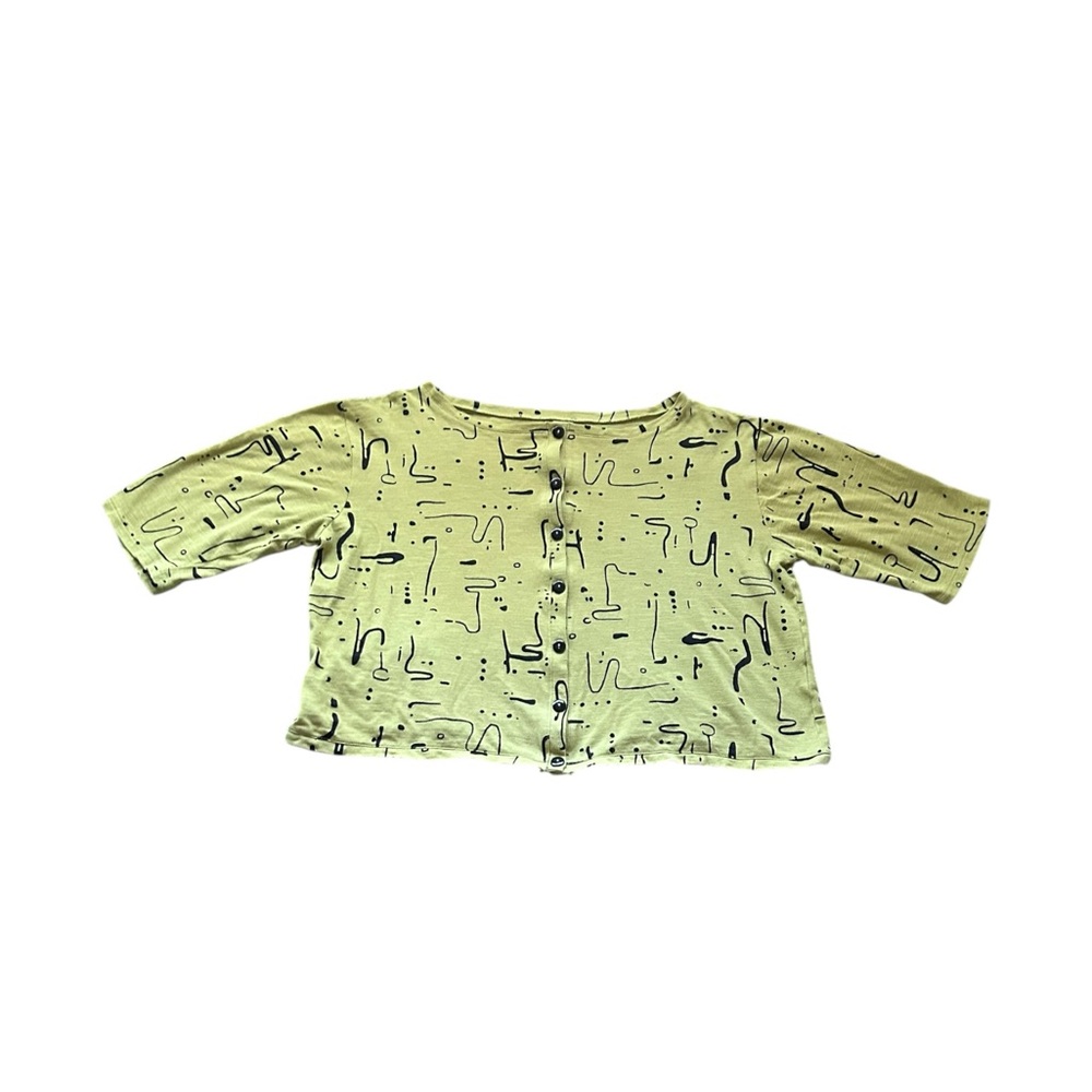 MxM Matthildur Sumi Top Pear Glyphs Print Cropped Button Up Boxy Lagenlook XL